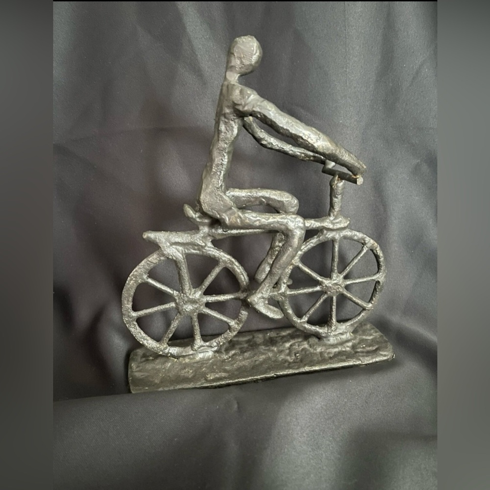 Heavy Solid Bronze Sculpture Of Man On Bicycle.  9” H x 8” L x 2” W